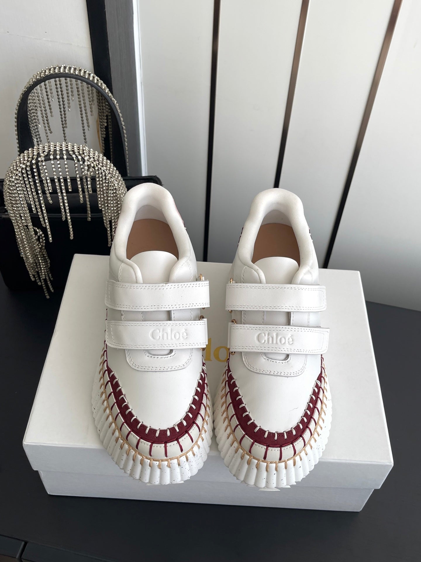 CHLOE 26S PLATFORM SNEAKERS IN WHITE AND DARK RED CALFSKIN