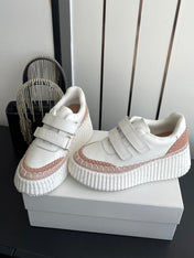 CHLOE 26S PLATFORM SNEAKERS IN WHITE AND LIGHT PINK CALFSKIN