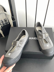 CHANEL 26S MARY JANE SNEAKERS IN GREY CANVAS WITH GOLD-TONE METAL CC LOGO