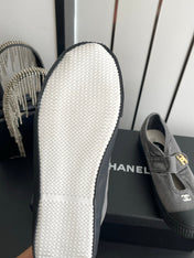 CHANEL 26S MARY JANE SNEAKERS IN GREY CANVAS WITH GOLD-TONE METAL CC LOGO