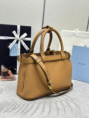 PRADA 25S BUCKLE MEDIUM HANDBAG 28 IN CARAMEL CALFSKIN GOLD HARDWRE
