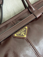 PRADA 25S BONNIE LARGE HANDBAG 38 IN DARK BROWN GLOSSY CALFSKIN GOLD HARDWARE