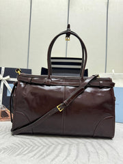 PRADA 25S BONNIE LARGE HANDBAG 38 IN DARK BROWN GLOSSY CALFSKIN GOLD HARDWARE