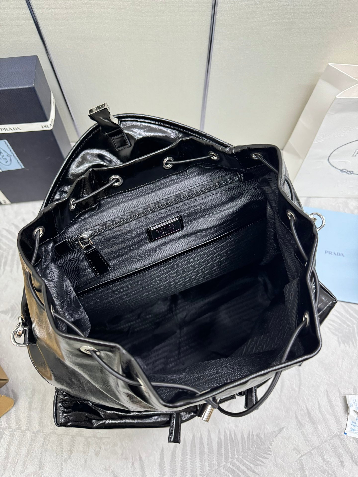 PRADA 25S BACKPACK 45 IN BLACK GLOSSY CALFSKIN SILVER HARDWARE