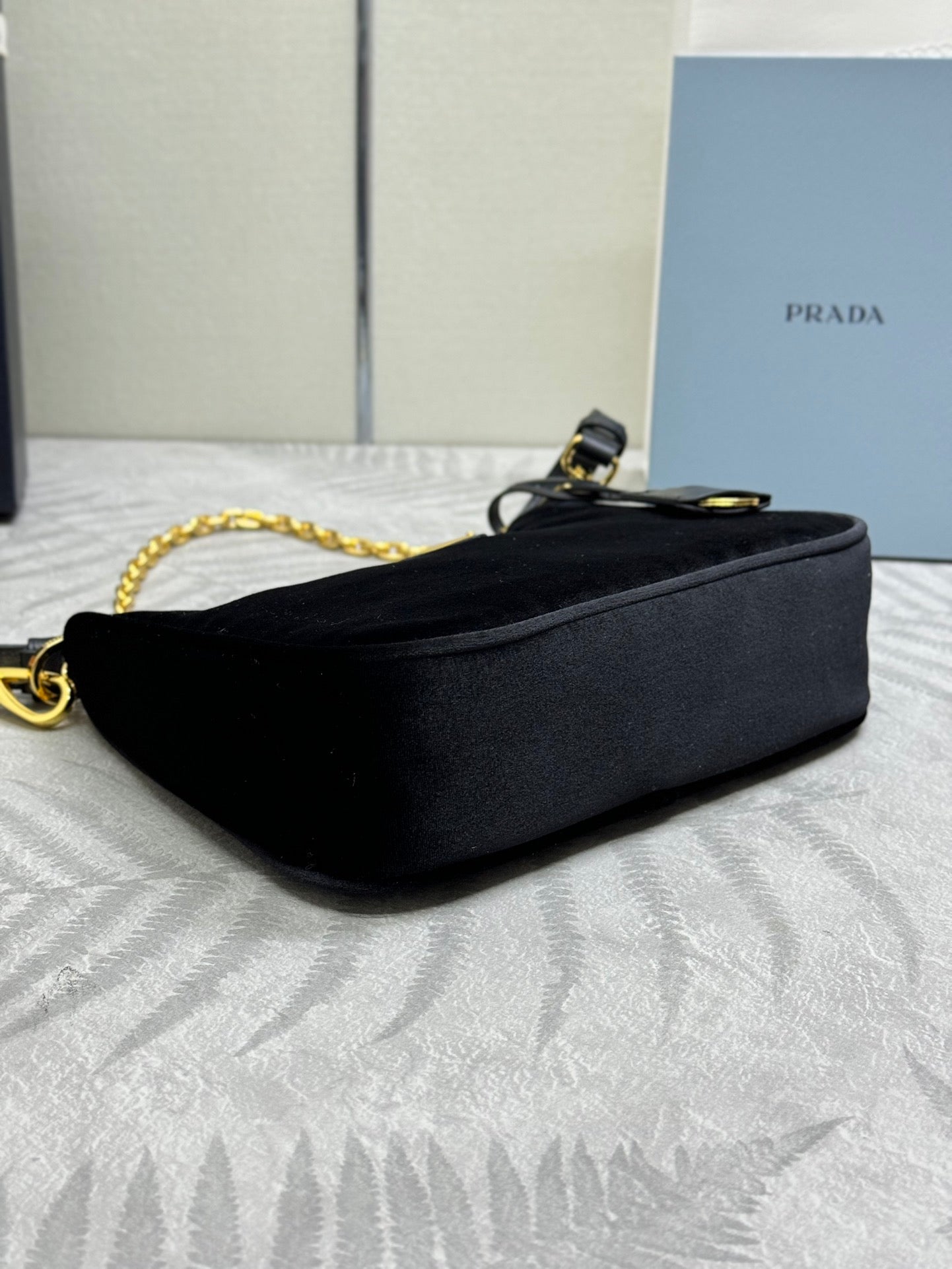 PRADA 25S MINI HOBO BAG 23 IN BLACK VELVET GOLD HARDWARE