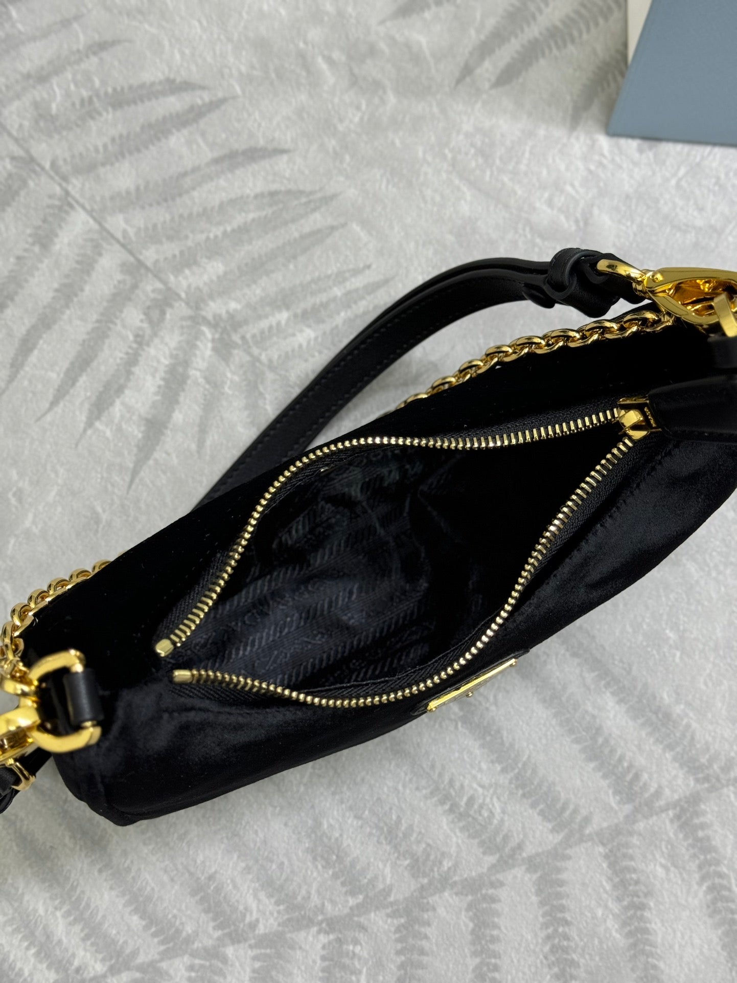 PRADA 25S MINI HOBO BAG 23 IN BLACK VELVET GOLD HARDWARE