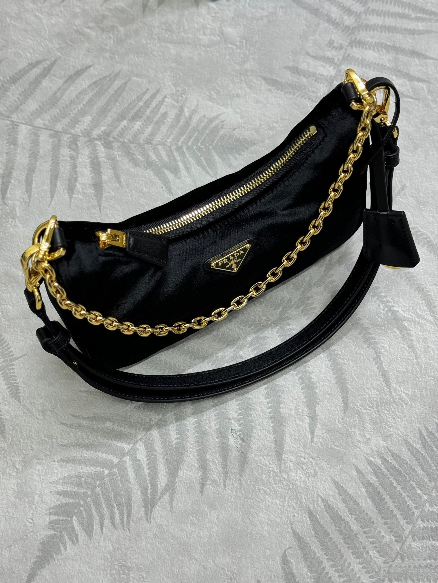 PRADA 25S MINI HOBO BAG 23 IN BLACK VELVET GOLD HARDWARE