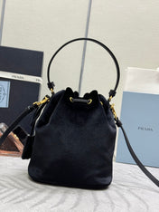 PRADA 25S BUCKET BAG 19 IN BLACK VELVET GOLD HARDWARE