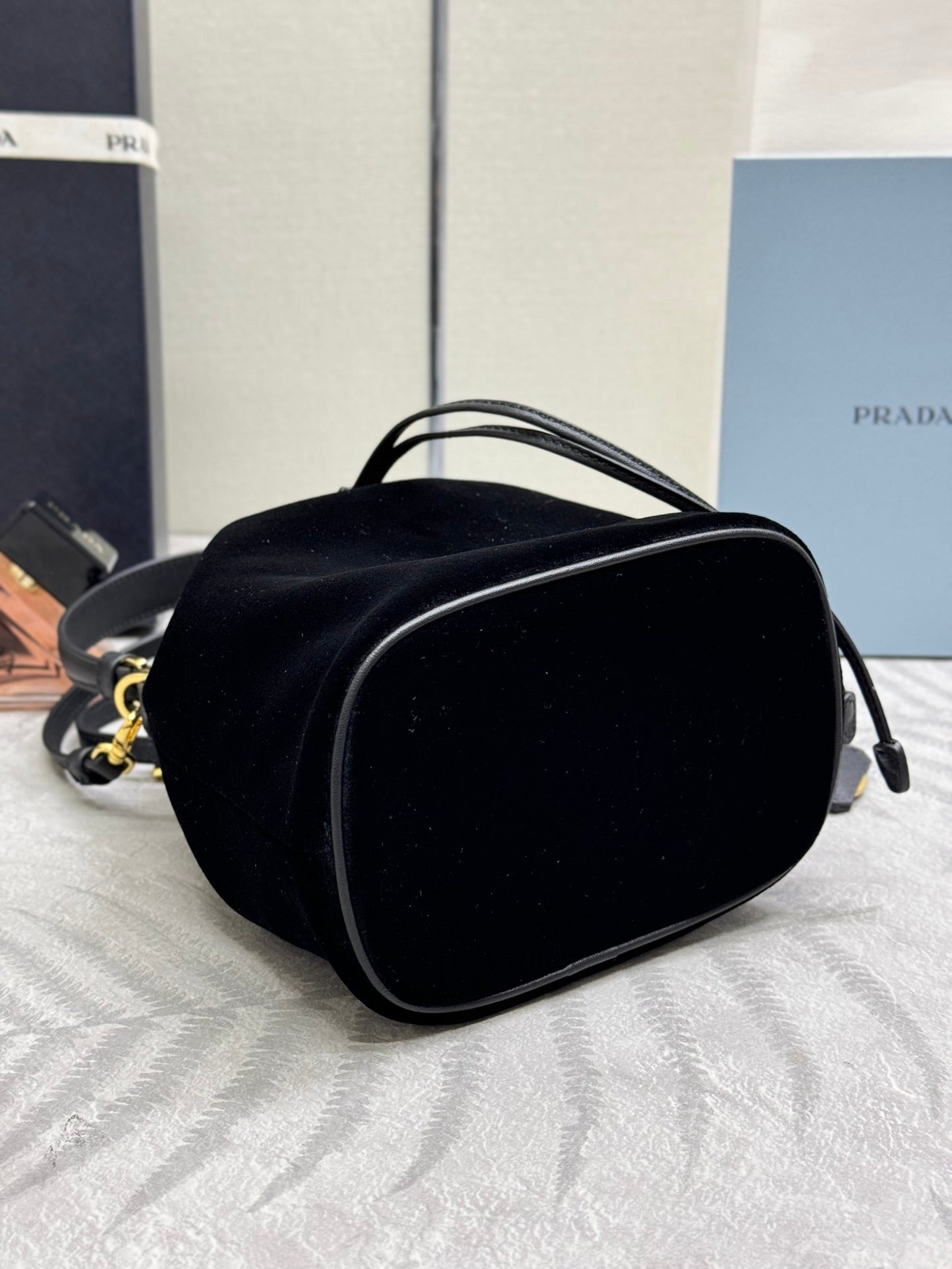 PRADA 25S BUCKET BAG 19 IN BLACK VELVET GOLD HARDWARE