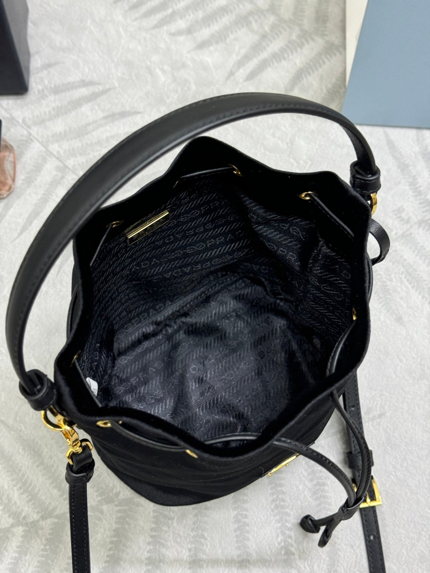 PRADA 25S BUCKET BAG 19 IN BLACK VELVET GOLD HARDWARE