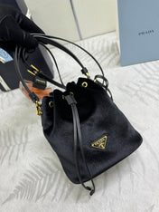 PRADA 25S BUCKET BAG 19 IN BLACK VELVET GOLD HARDWARE