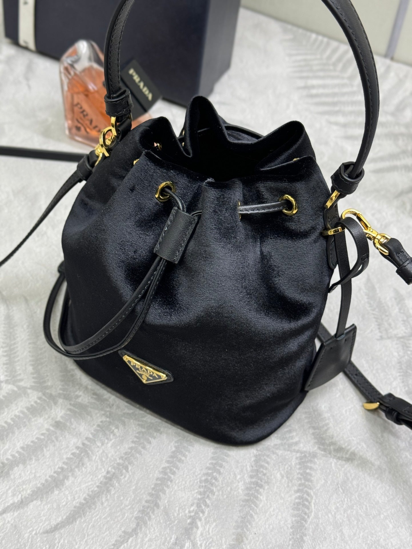 PRADA 25S BUCKET BAG 19 IN BLACK VELVET GOLD HARDWARE