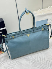 PRADA 25S LUX SOFT BAG 42 IN BLUE GLOSSY CALFSKIN GOLD HARDWRE