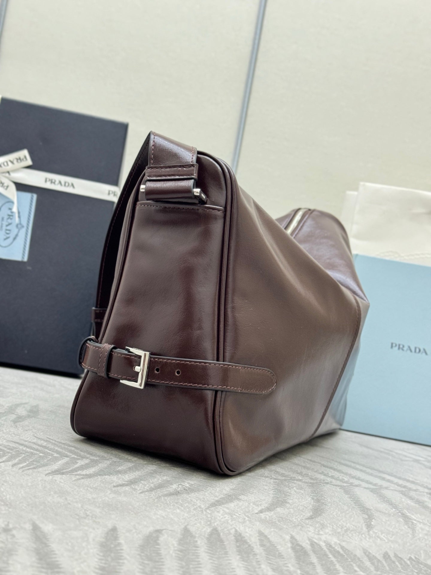 PRADA 25S SHOULDER BAG 35 IN DARK BROWN CALFSKIN SILVER HARDWARE