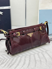 PRADA 25S BONNIE SMALL SHOULDER BAG 26 IN BURGUNDY GLOSSY CALFSKIN GOLD HARDWARE