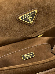 PRADA 25S EXPLORE MEDIUM SHOULDER BAG 30 IN CINNAMON SUEDE WITH FLAP