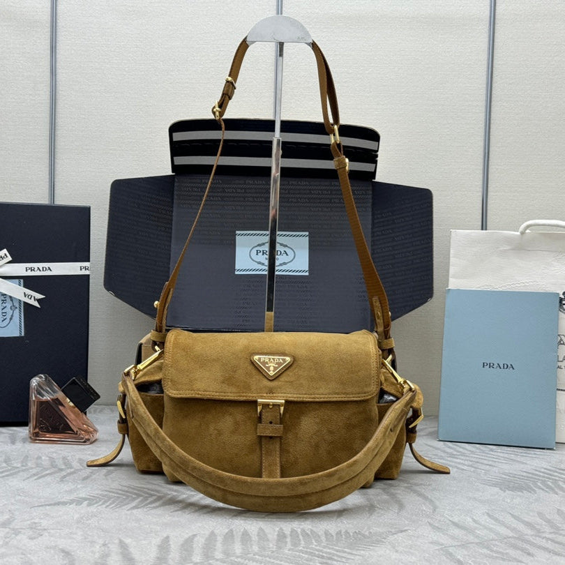PRADA 25S EXPLORE MEDIUM SHOULDER BAG 30 IN DARK GOLDEN BROWN SUEDE WITH FLAP