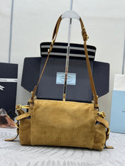 PRADA 25S EXPLORE MEDIUM SHOULDER BAG 30 IN DARK GOLDEN BROWN SUEDE WITH FLAP