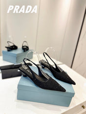 PRA SLINGBACK PUMPS BLACK SATIN WITH BLACK CRYSTALS