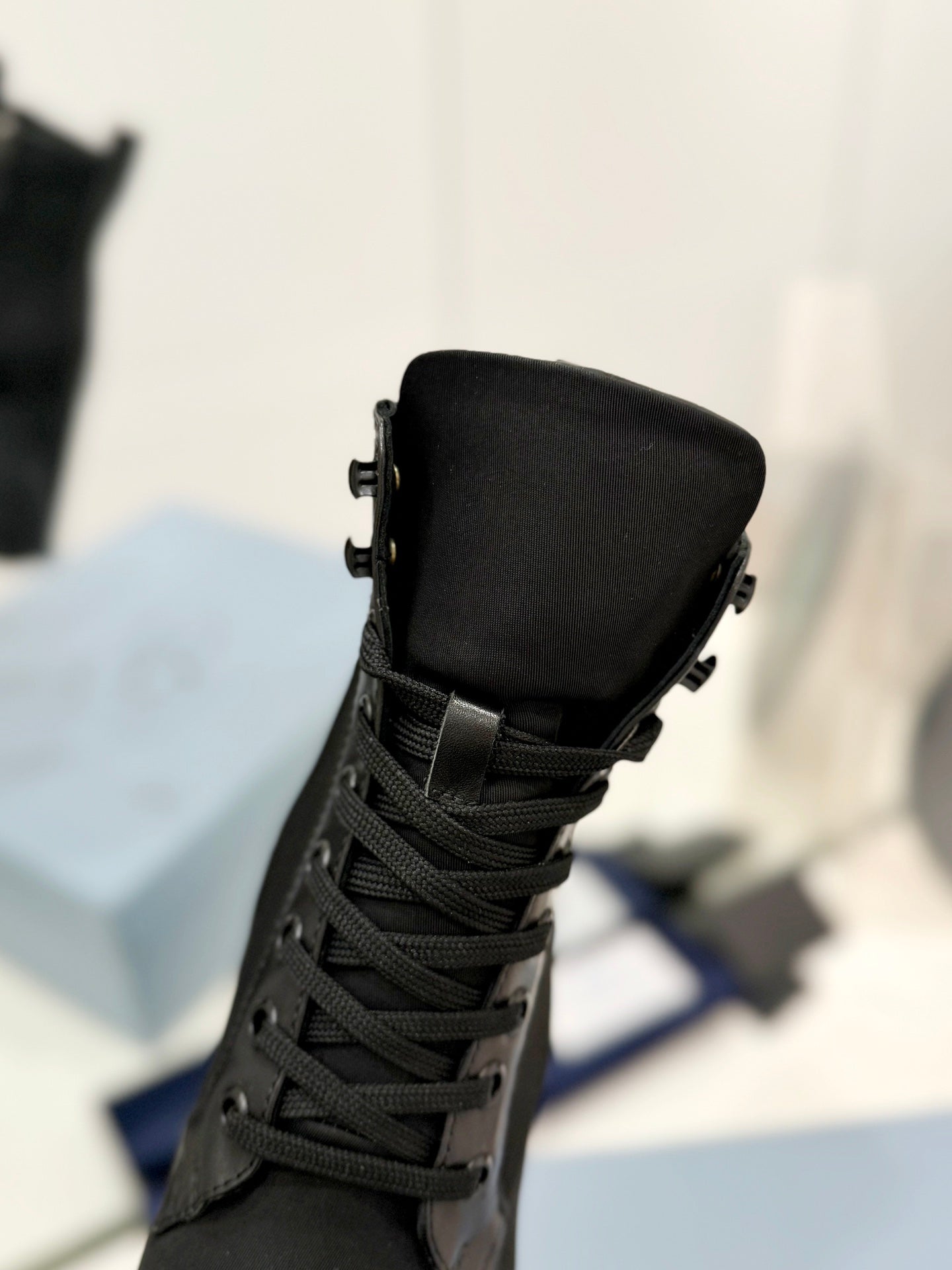 PRA RE-NYLON AND LEATHER BOOTIES BLACK