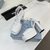 PRADA 26S HEELED SANDALS 115MM IN WHITE CALFSKIN