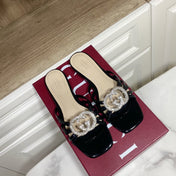 GUCCI 26S FLAT SLIDES IN BLACK CALFSKIN WITH CRYSTAL