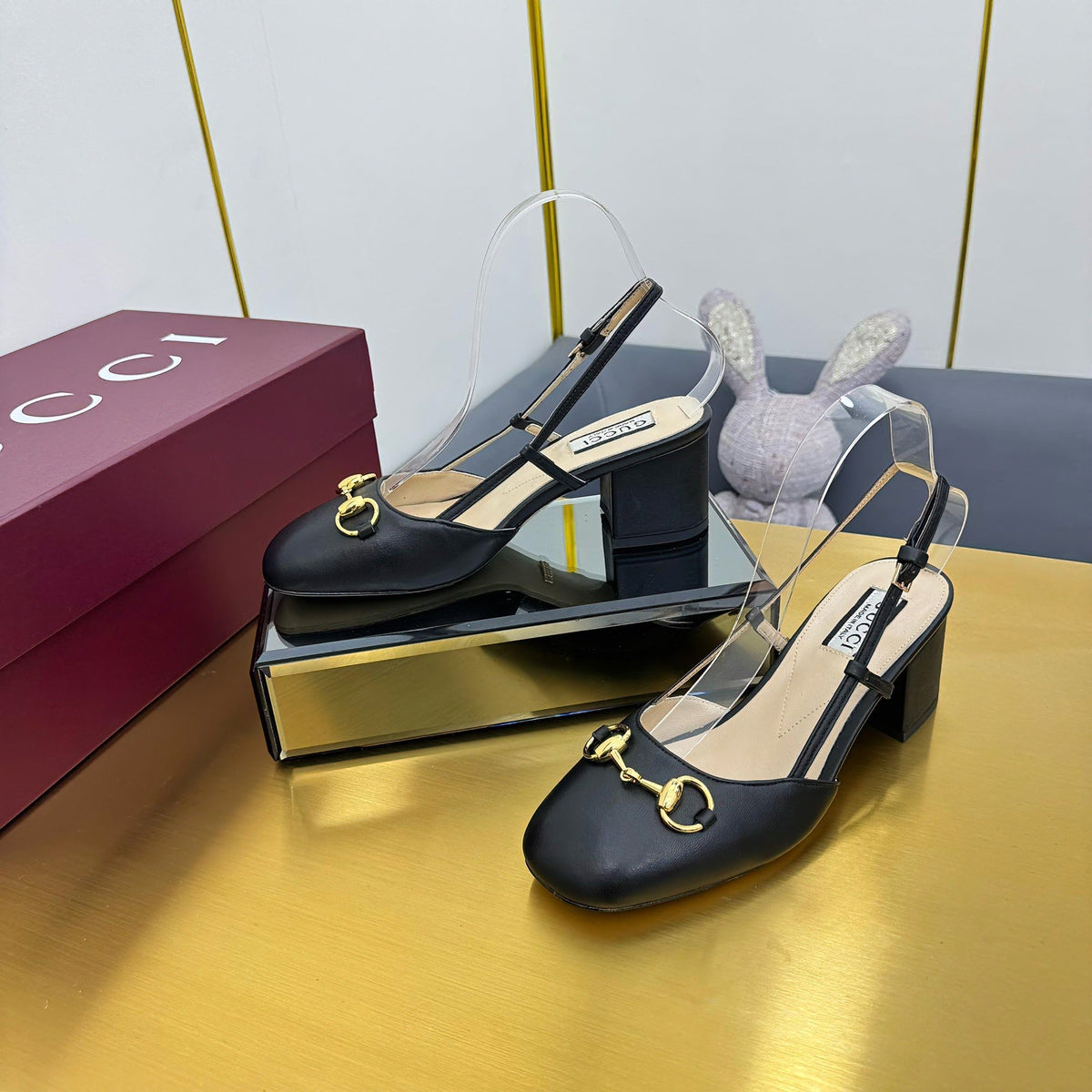 GG HIGH SLINGBACK 65 IN BLACK LAMBSKIN WITH GOLD HARDWARE