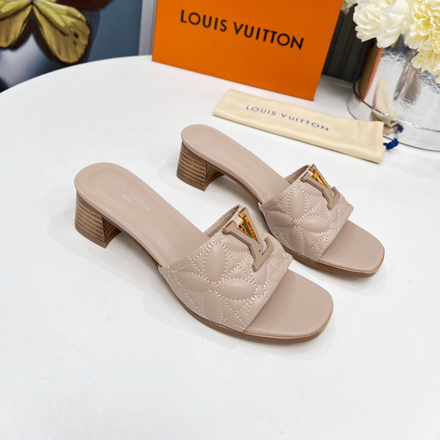 LV 26S MARE HIGH-HEELED MULE SANDALS IN DARK BEIGE CALFSKIN
