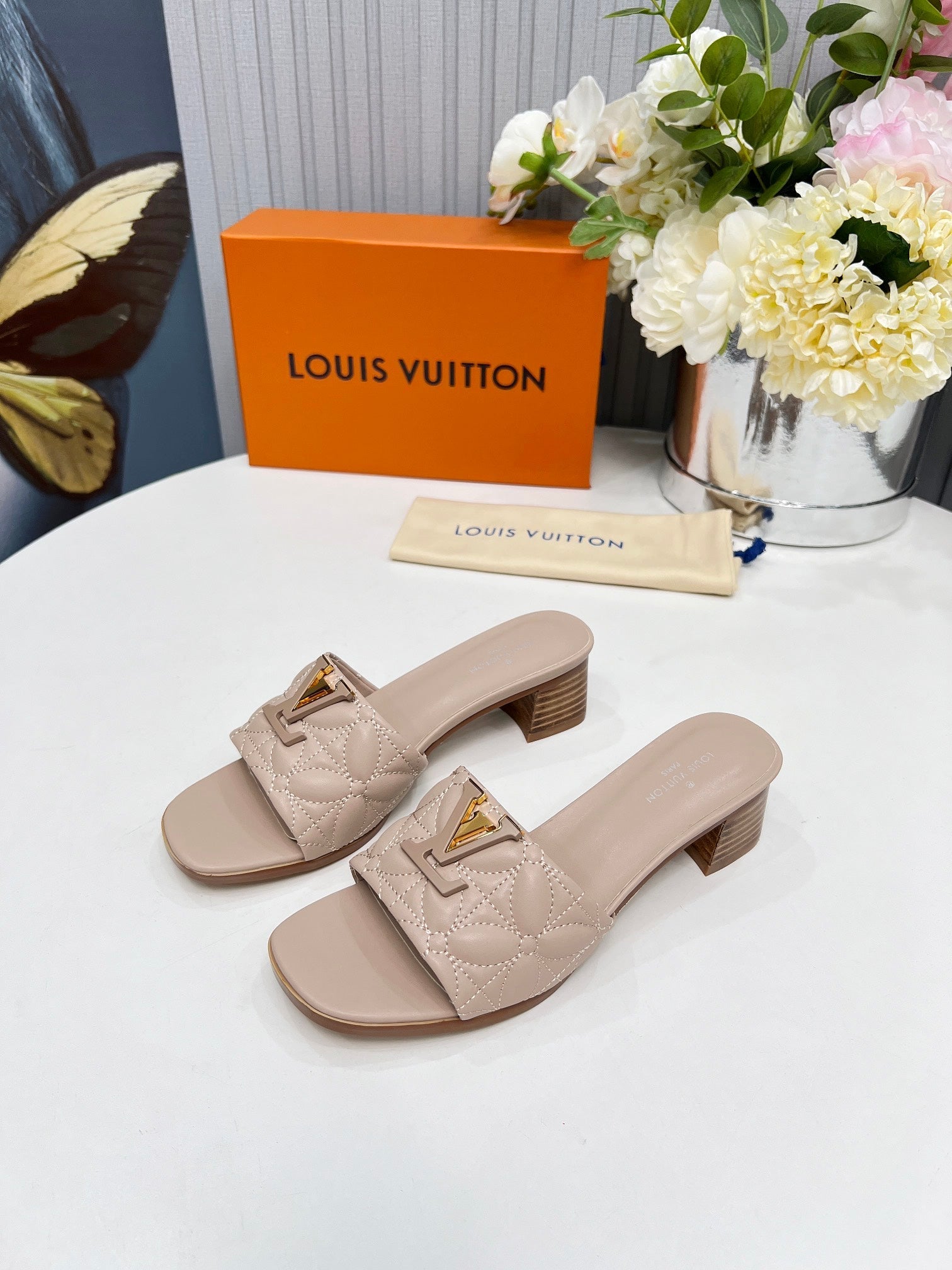 LV 26S MARE HIGH-HEELED MULE SANDALS IN DARK BEIGE CALFSKIN