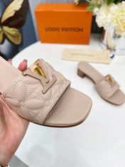 LV 26S MARE HIGH-HEELED MULE SANDALS IN DARK BEIGE CALFSKIN