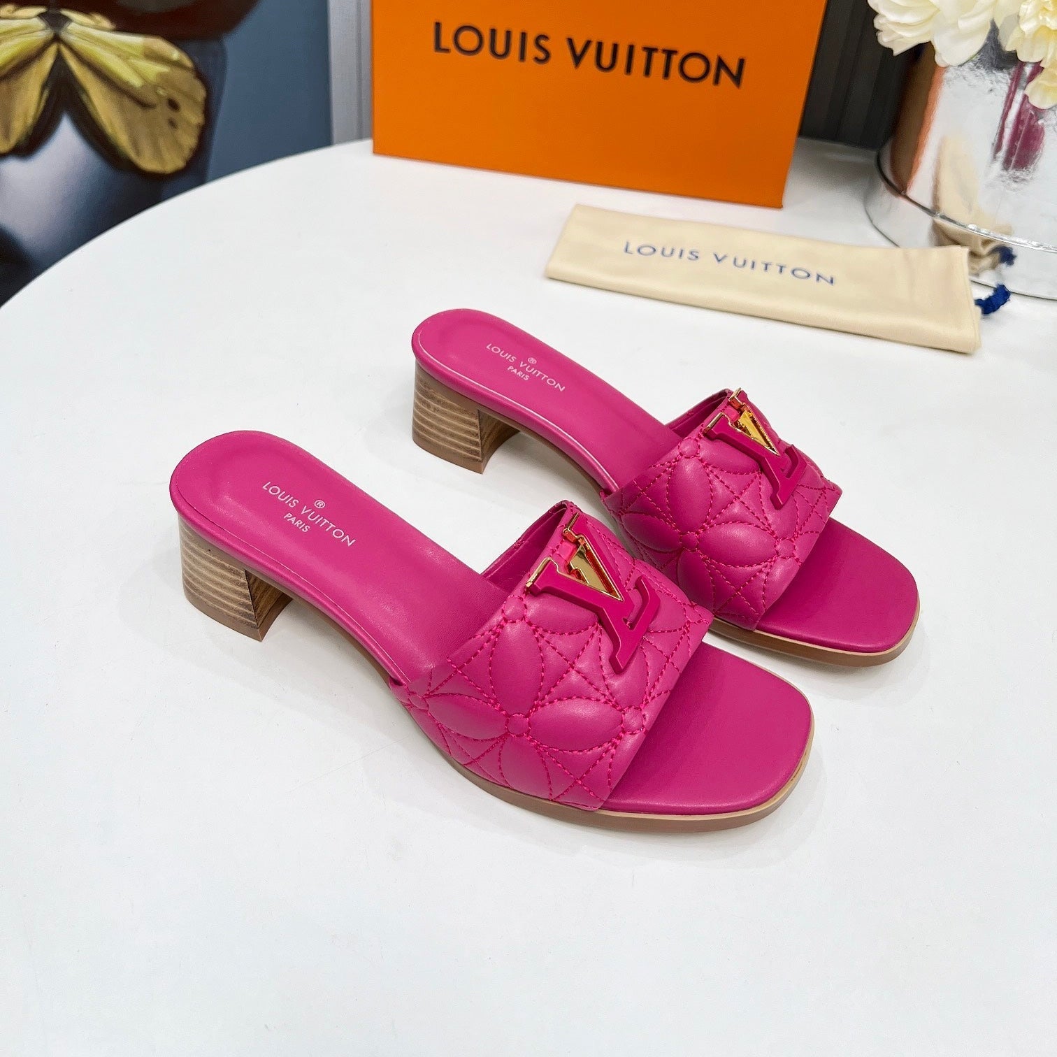 LV 26S MARE HIGH-HEELED MULE SANDALS IN PINK CALFSKIN