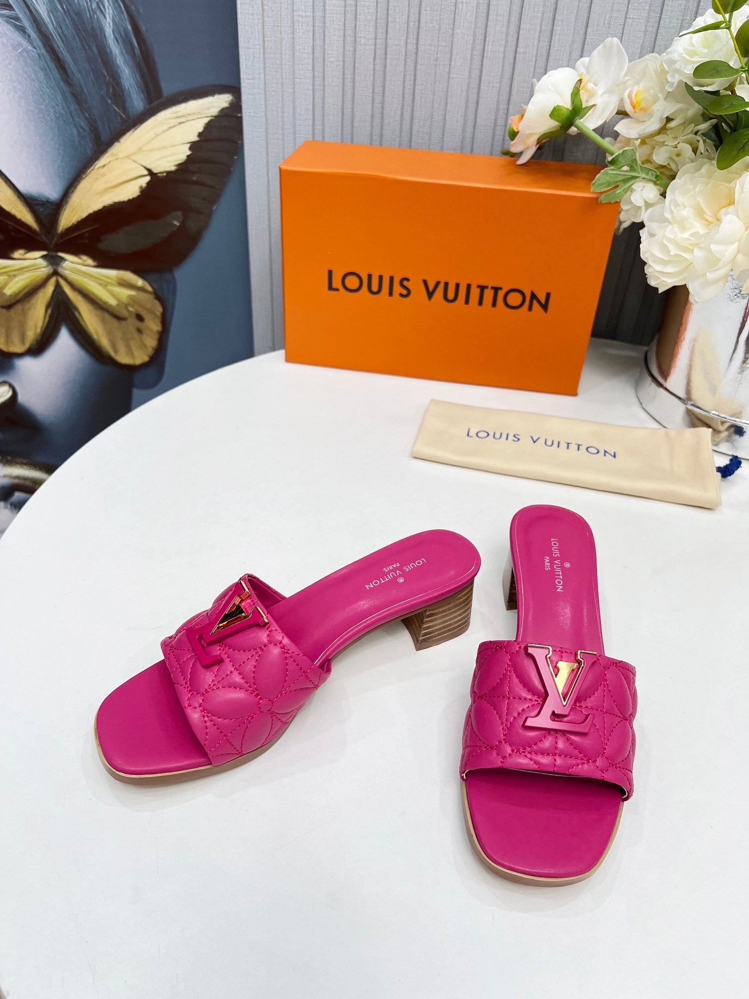 LV 26S MARE HIGH-HEELED MULE SANDALS IN PINK CALFSKIN