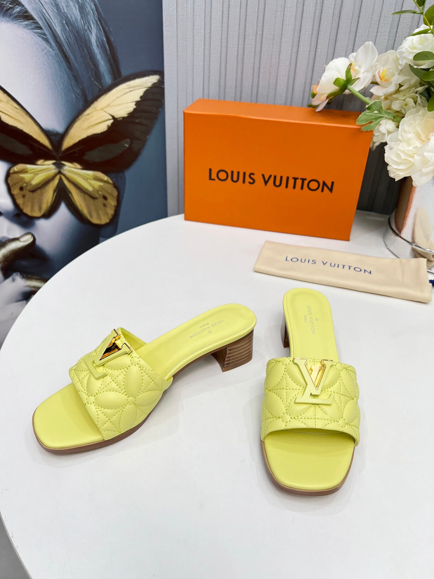LV 26S MARE HIGH-HEELED MULE SANDALS IN LIGHT YELLOW CALFSKIN