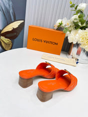 LV 26S MARE HIGH-HEELED MULE SANDALS IN ORANGE CALFSKIN