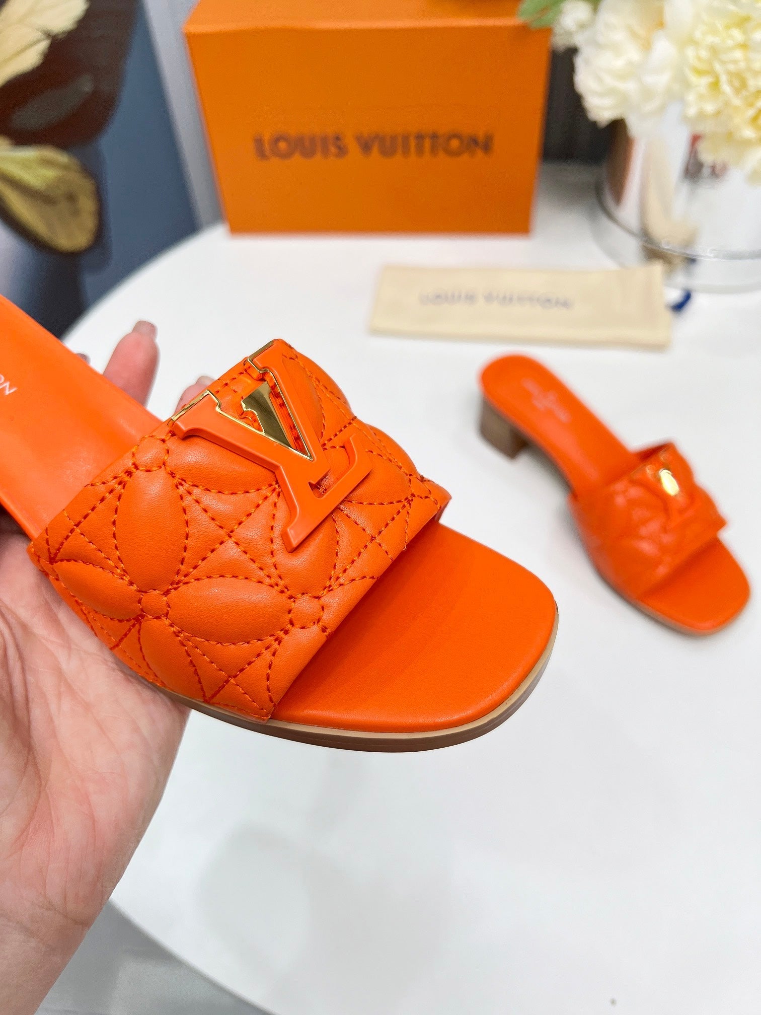 LV 26S MARE HIGH-HEELED MULE SANDALS IN ORANGE CALFSKIN