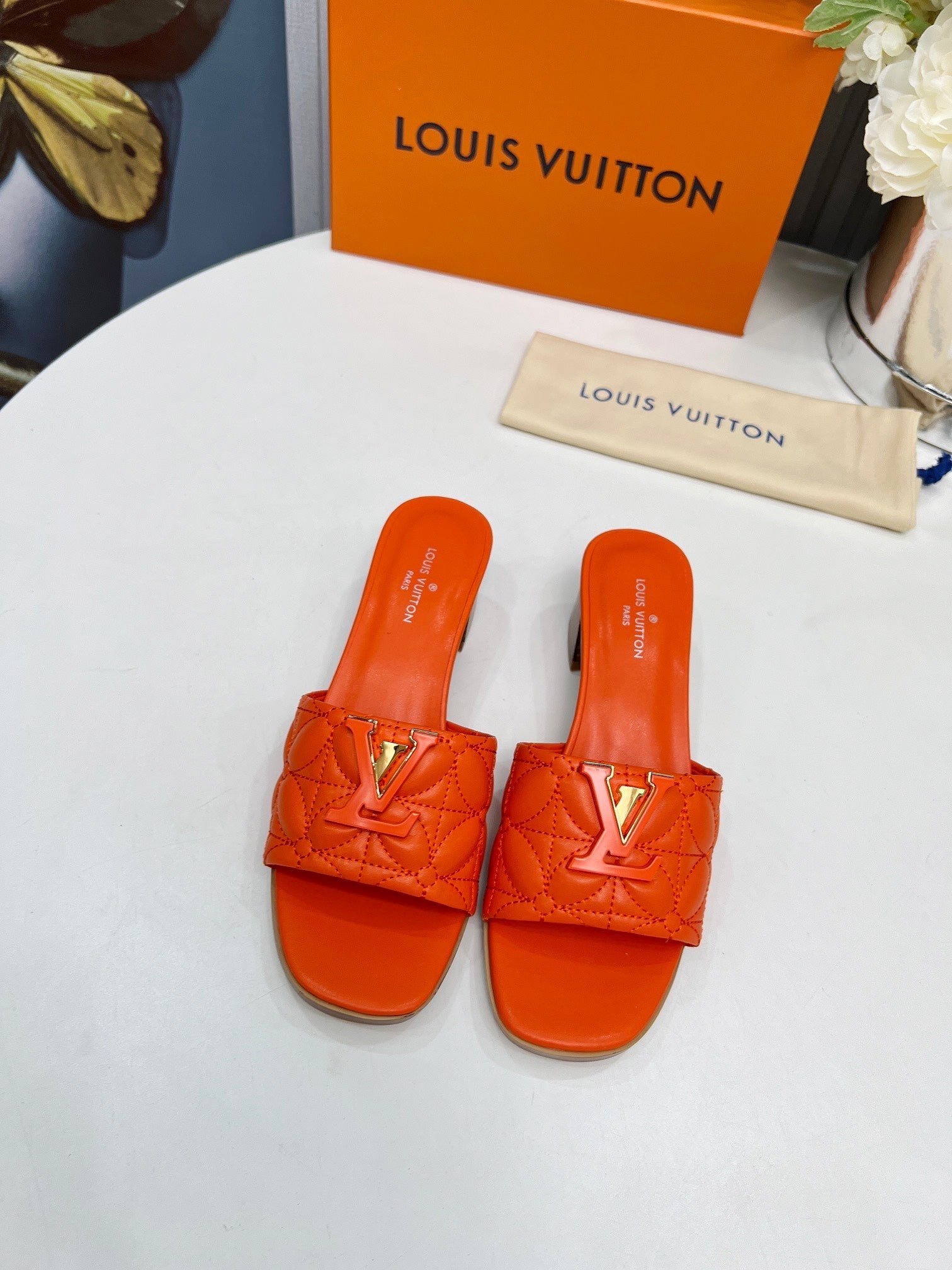 LV 26S MARE HIGH-HEELED MULE SANDALS IN ORANGE CALFSKIN