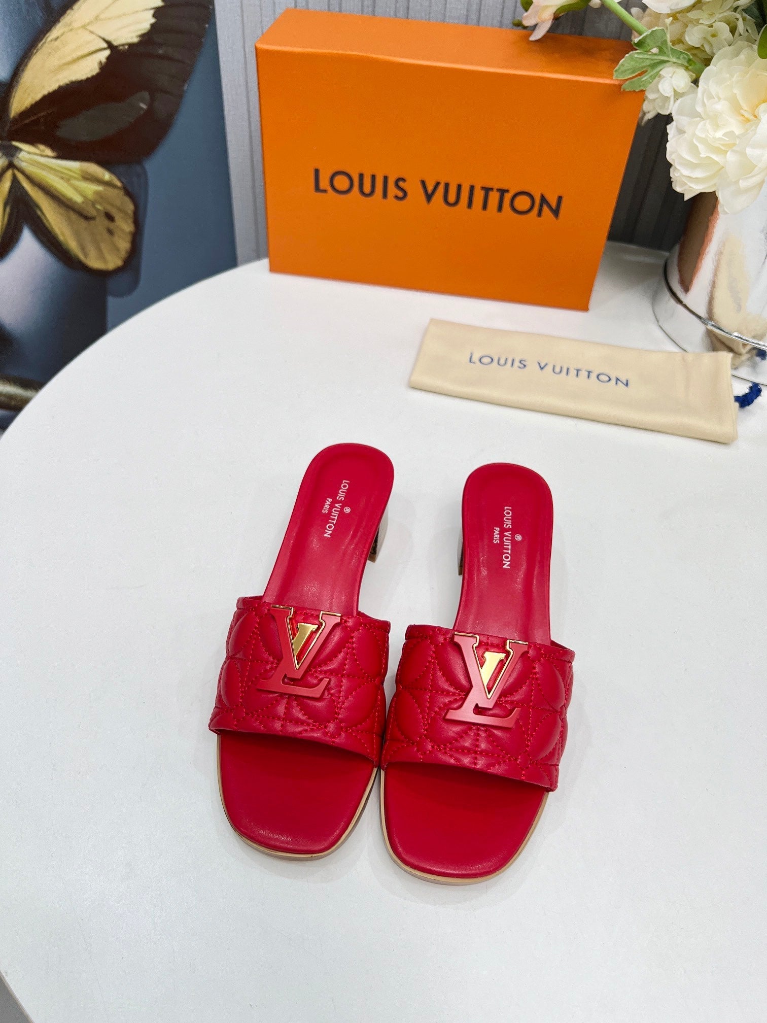LV 26S MARE HIGH-HEELED MULE SANDALS IN RED CALFSKIN