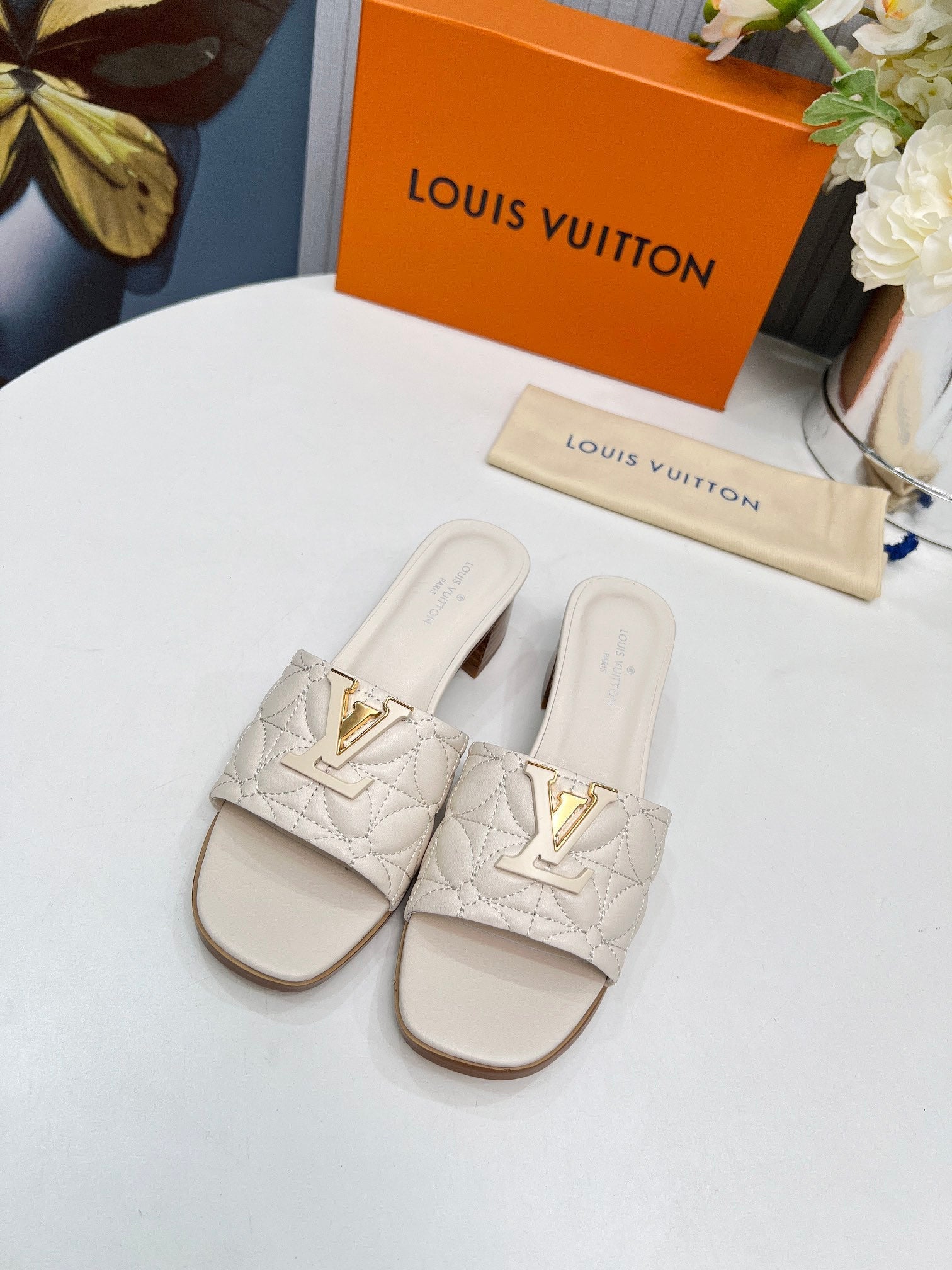 LV 26S MARE HIGH-HEELED MULE SANDALS IN IVORY BEIGE CALFSKIN