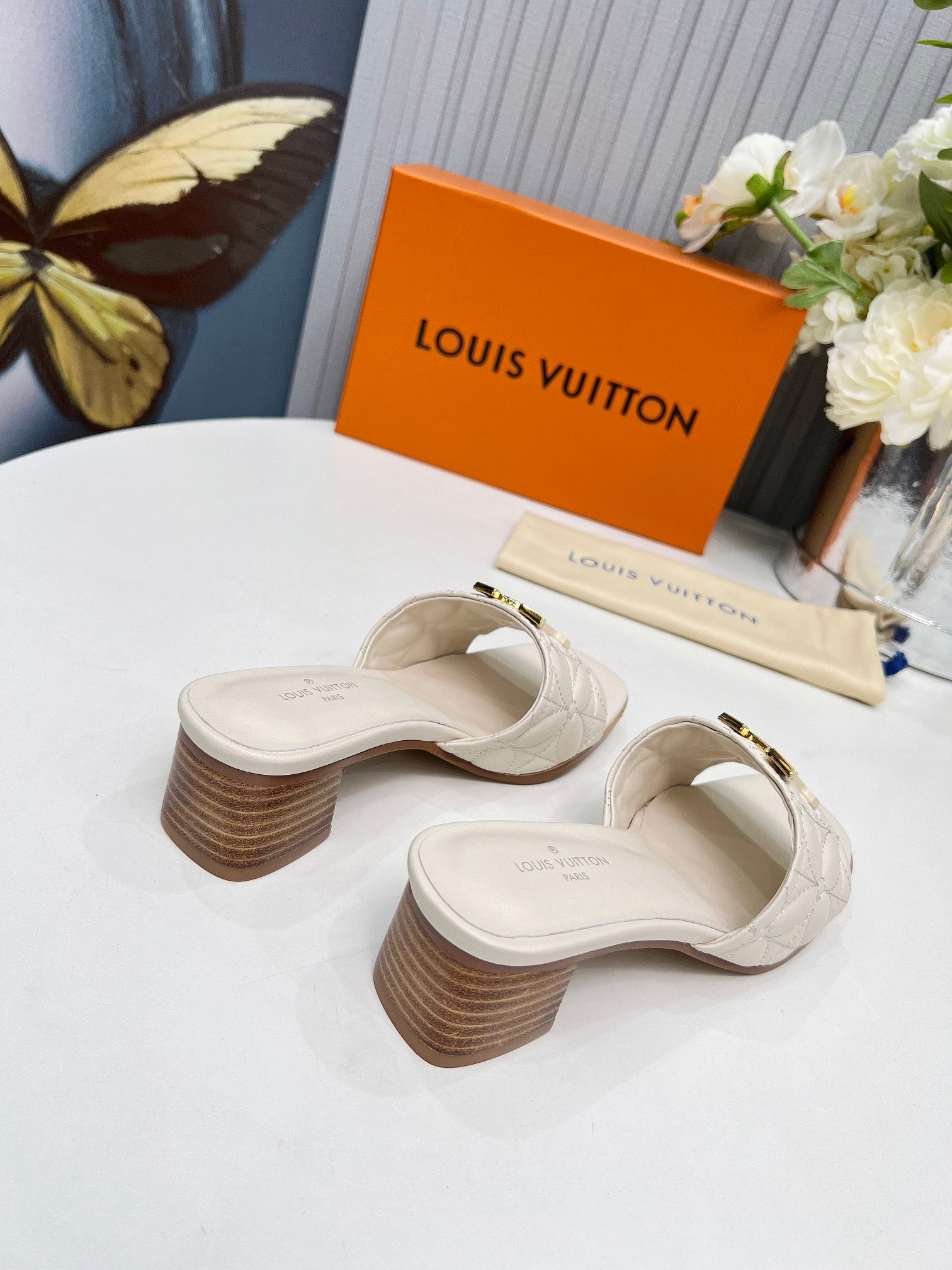 LV 26S MARE HIGH-HEELED MULE SANDALS IN IVORY BEIGE CALFSKIN