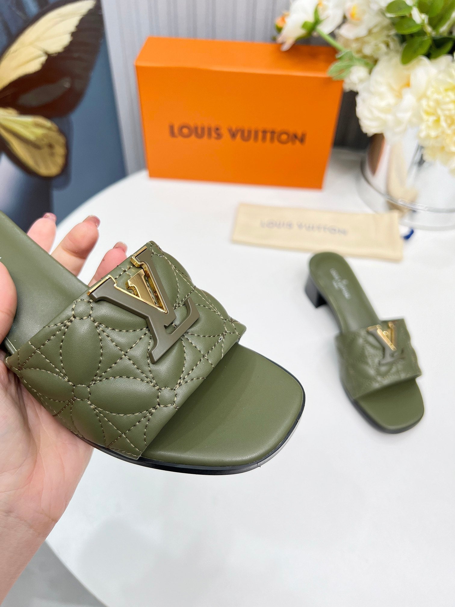 LV 26S MARE HIGH-HEELED MULE SANDALS IN MOSS GREEN CALFSKIN