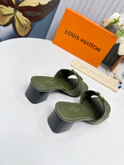 LV 26S MARE HIGH-HEELED MULE SANDALS IN MOSS GREEN CALFSKIN