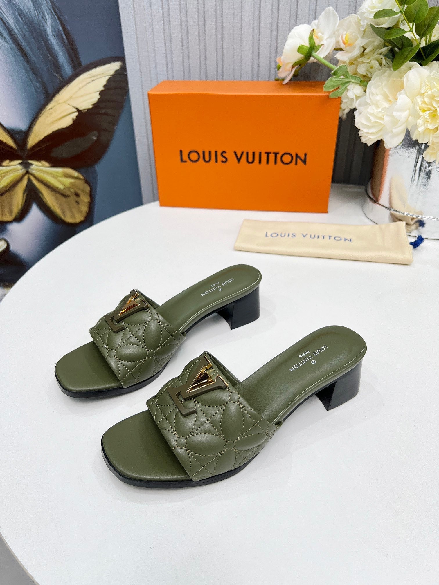 LV 26S MARE HIGH-HEELED MULE SANDALS IN MOSS GREEN CALFSKIN