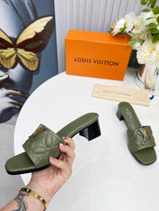 LV 26S MARE HIGH-HEELED MULE SANDALS IN MOSS GREEN CALFSKIN