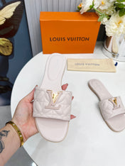 LV 26S MARE FLAT MULES IN ASH BEIGE CALFSKIN
