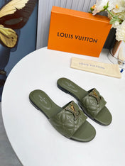 LV 26S MARE FLAT MULES IN MOSS GREEN CALFSKIN