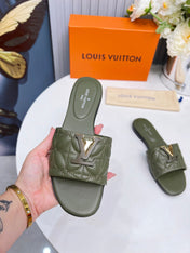 LV 26S MARE FLAT MULES IN MOSS GREEN CALFSKIN