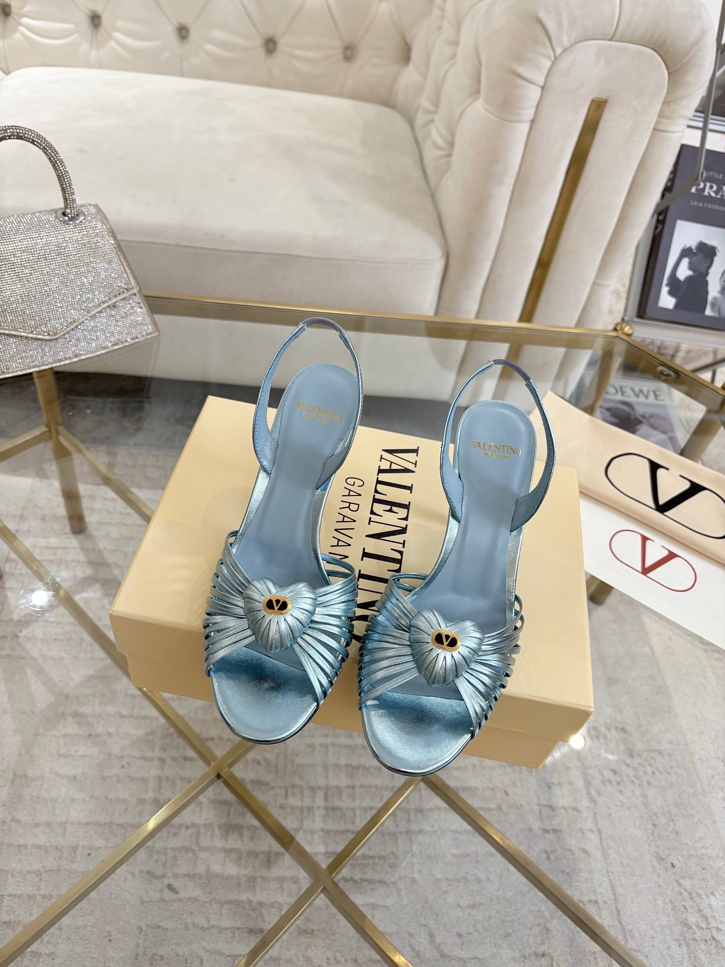 VALENTINO 26S HEEL SANDALS 80 MM IN METALLIC LIGHT BLUE CALFSKIN