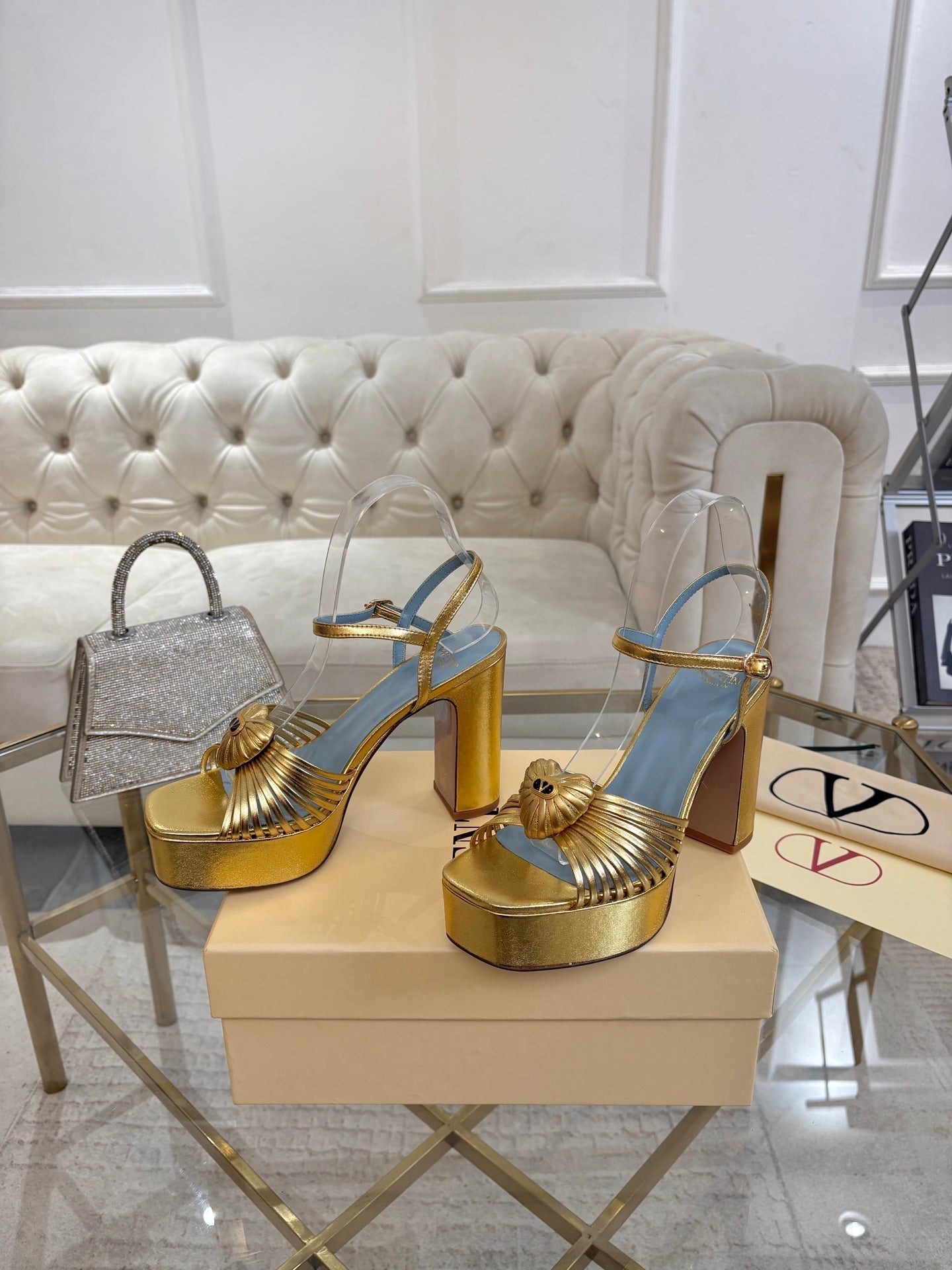 VALENTINO 26S PLATFORM SANDALS 110 MM IN GOLD AND BLUE CALFSKIN