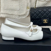 Double C Milan Runway Pointed Toe Mary Jane Shoes White Black Lambskin