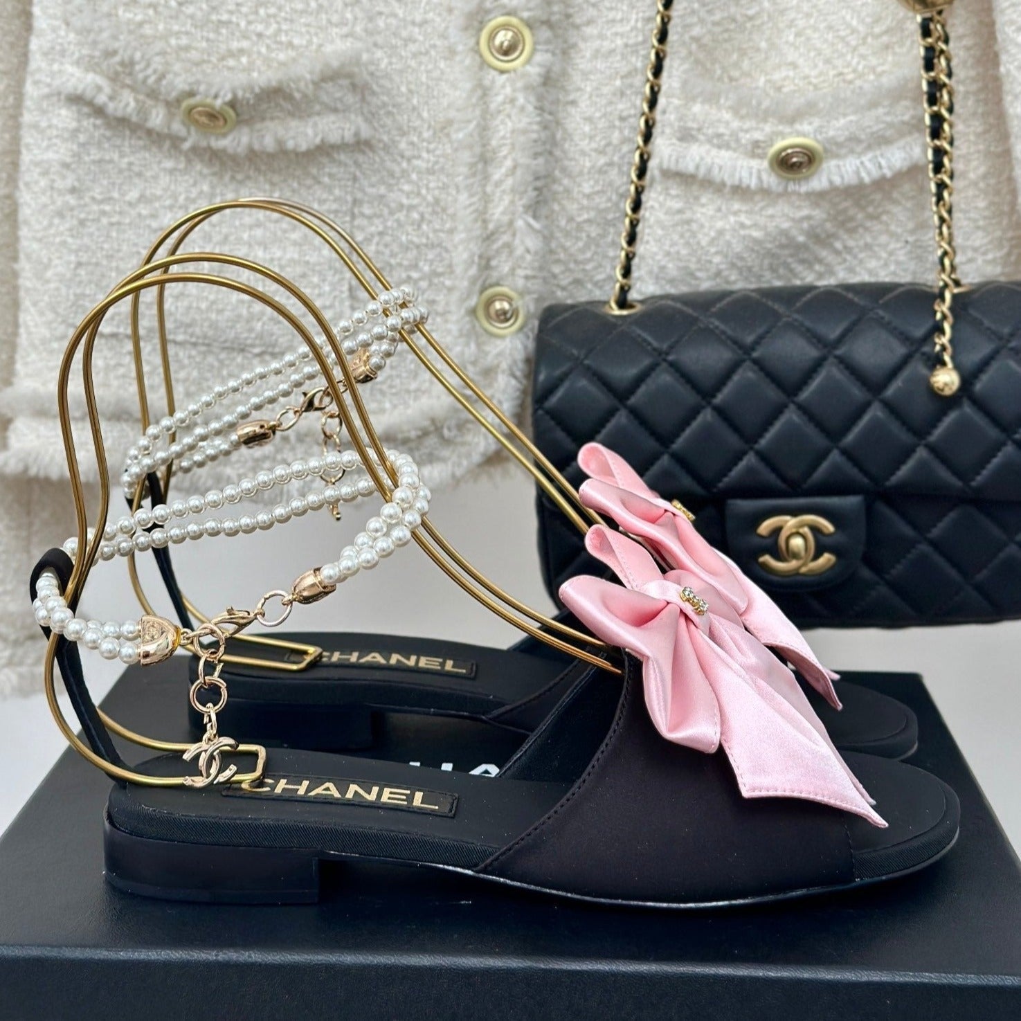 Double C Big Bow Pearl Chain Sandals Light Pink Black Lambskin